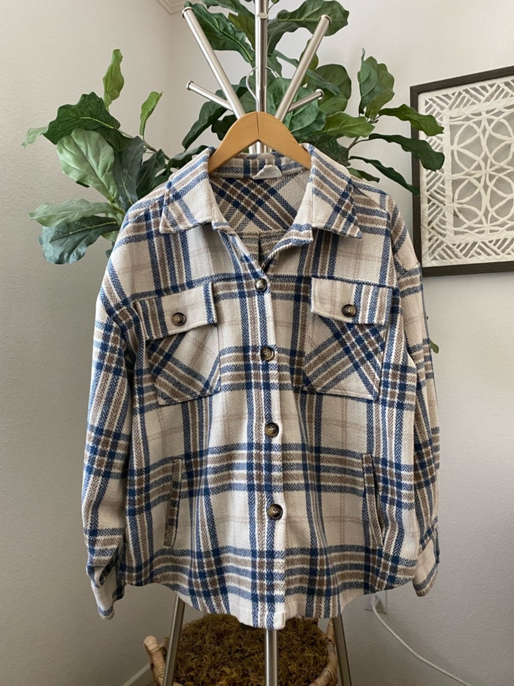 Heyson | Plaid Button-Front Shacket in Cream and Blue